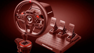 T248R wheel, pedals and shifter on a red background