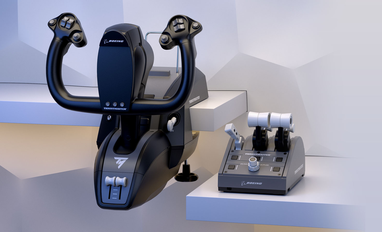 TCA Yoke Pack Boeing Edition on a white desk