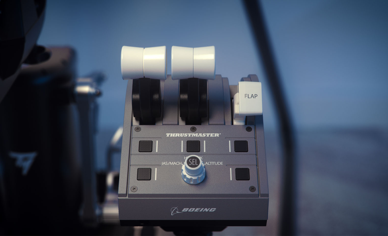 Boeing quadrant thrust levers in blue light
