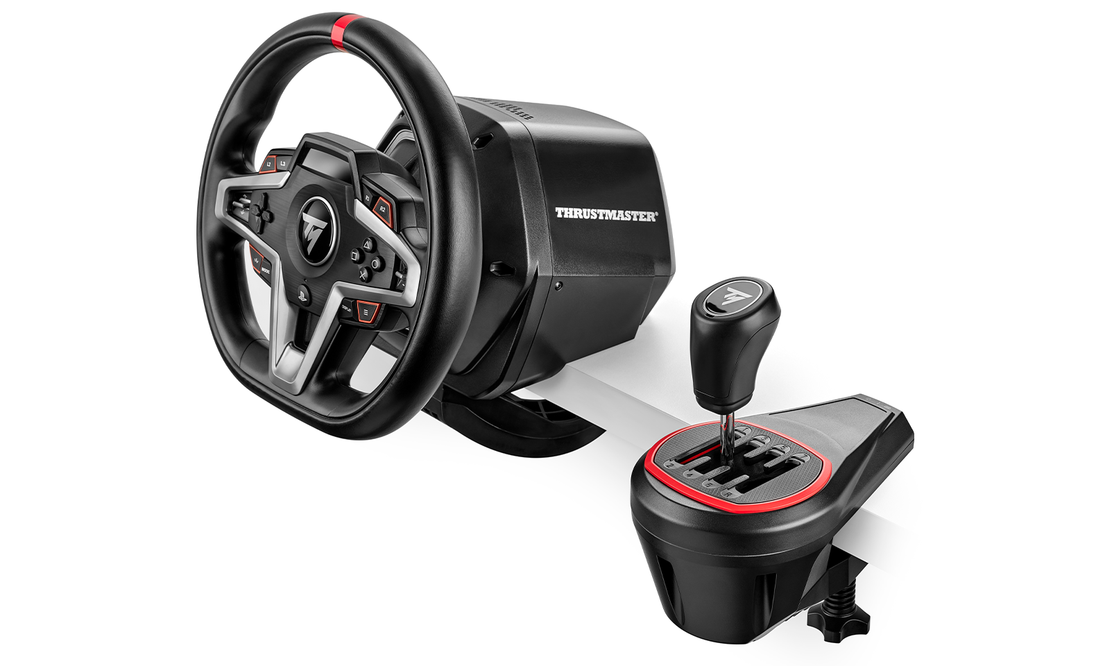 TH8S shifter set up beside a Thrustmaster racing wheel