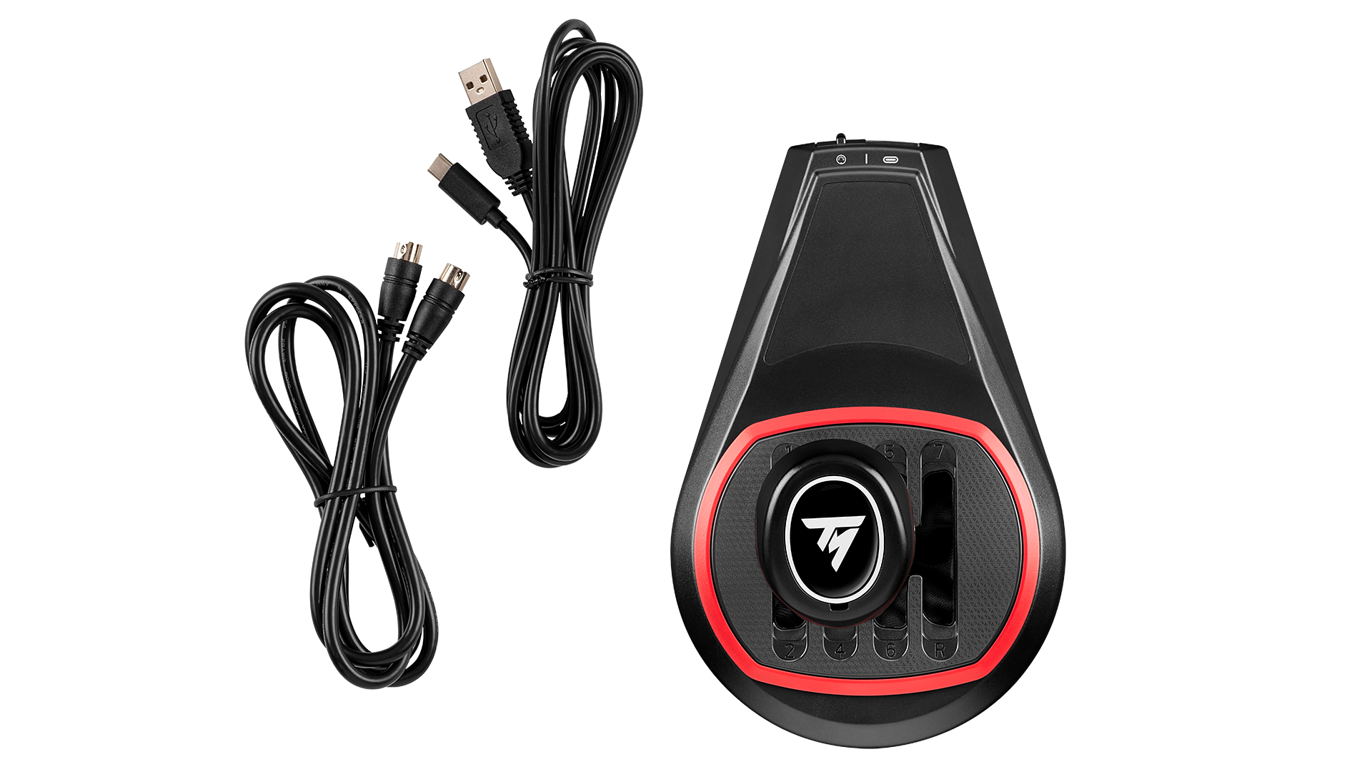 TH8S shifter from above with the included mini-DIN and USB-C cables
