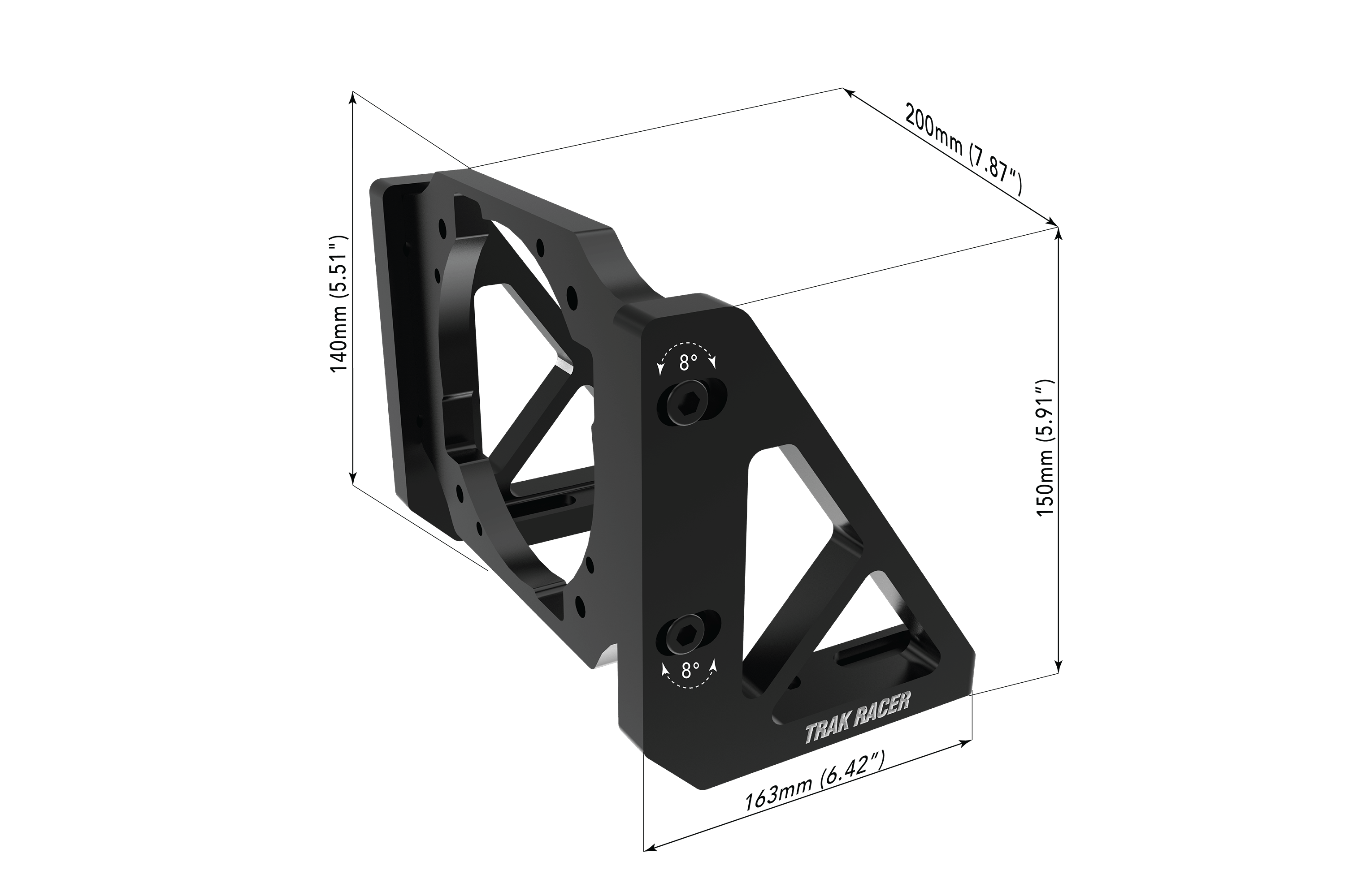 Trak Racer TR One Universal Mount for Asetek Wheelbases, dimensioned drawing with measurements