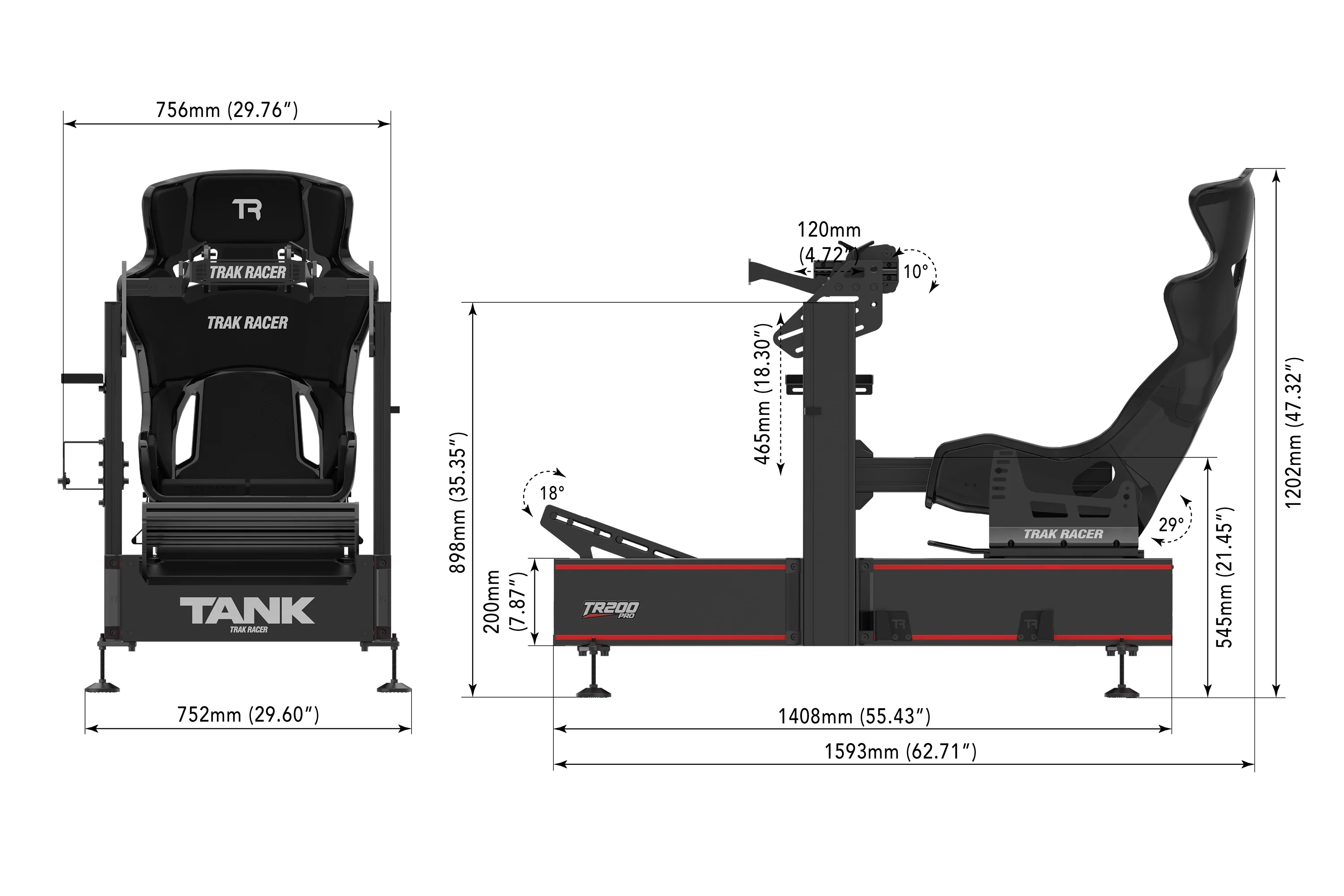 Trak Racer TR200 TANK Racing Simulator, dimensioned drawing with measurements