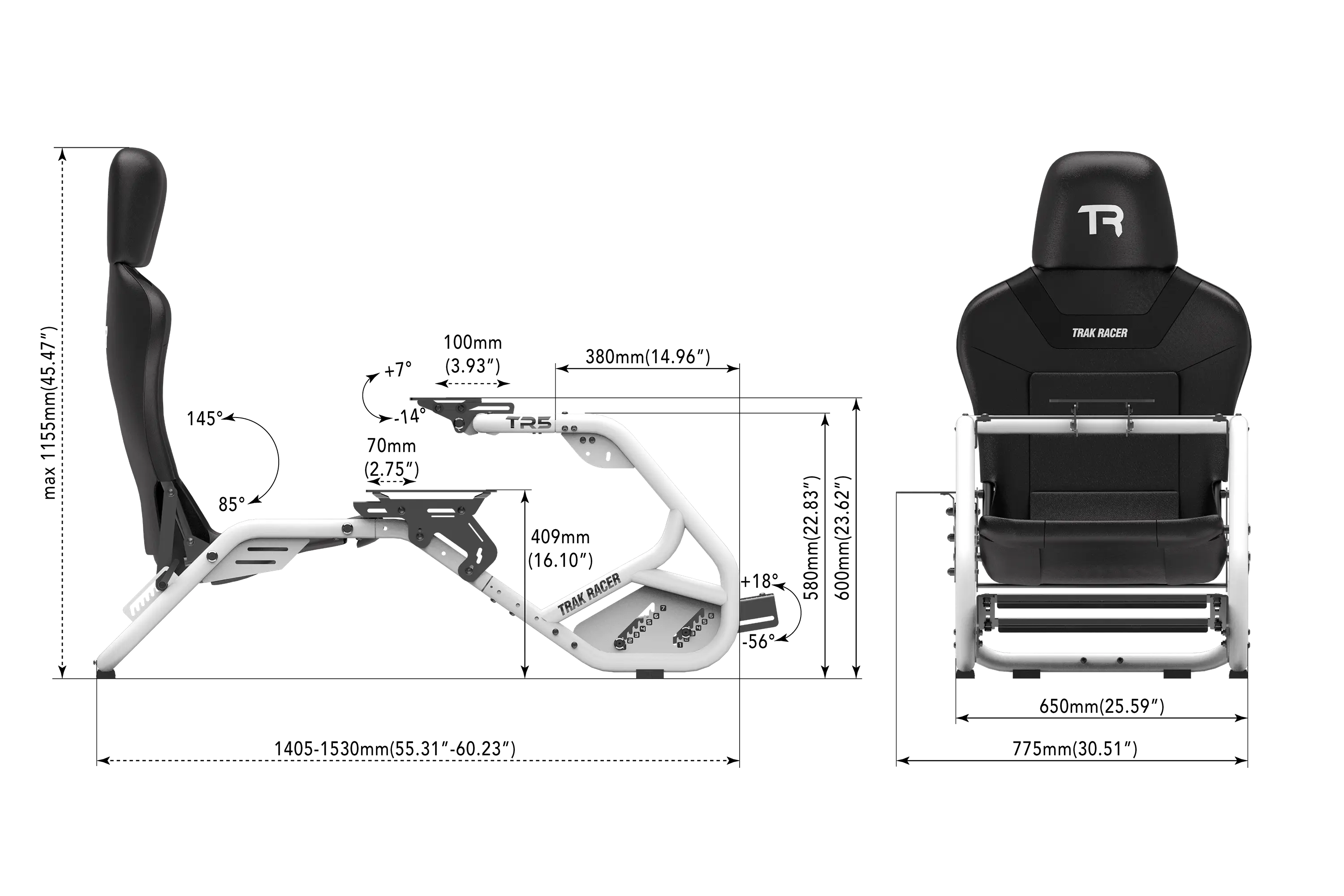 Trak Racer TR5 Racing Simulator, dimensioned drawing with measurements