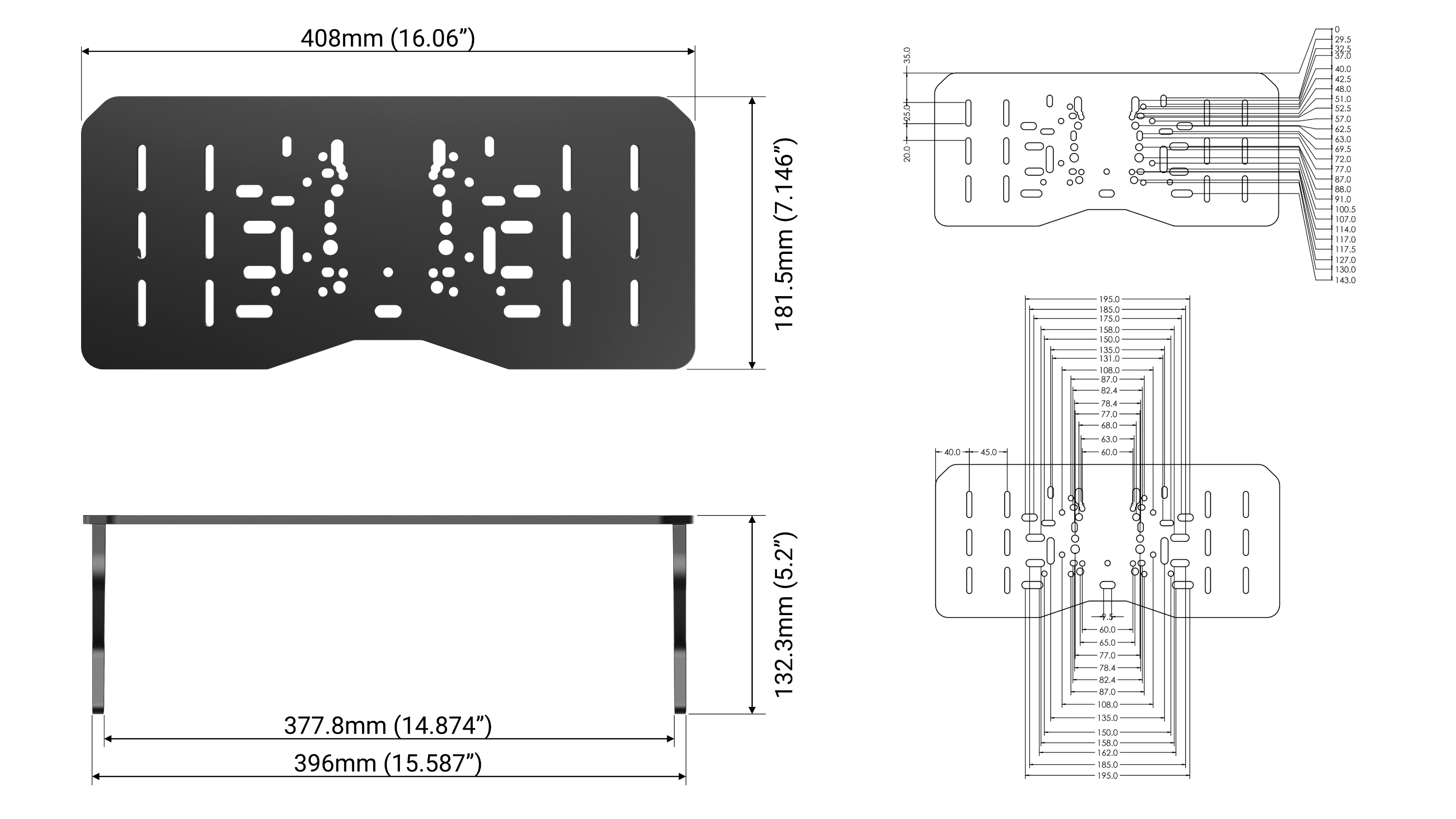 Trak Racer TR One Wheel Mount for TRX Simulator, dimensioned drawing with measurements
