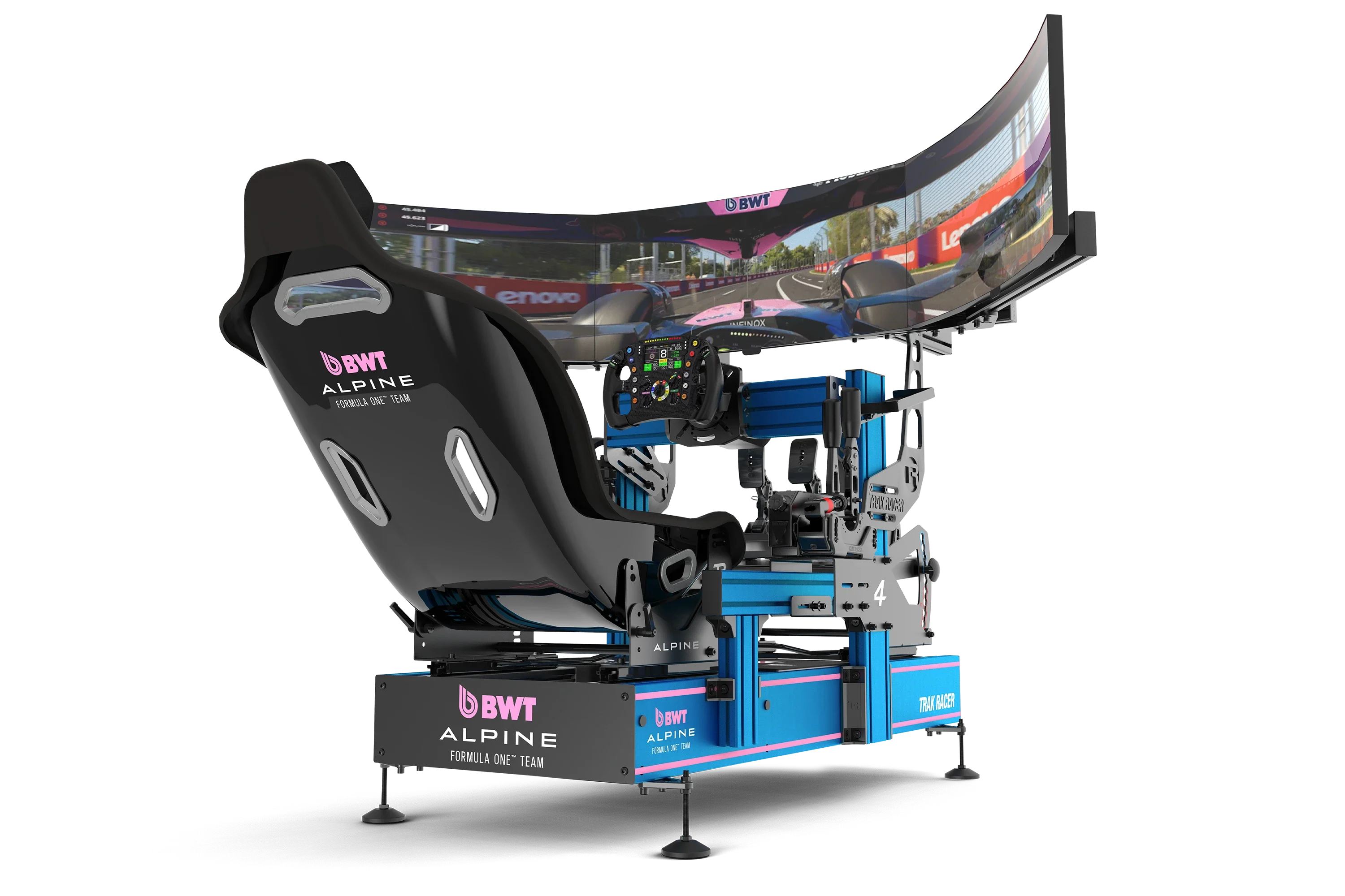 Trak Racer BWT Alpine F1 Team TRA Hybrid Racing Simulator, rear three-quarter view from the right