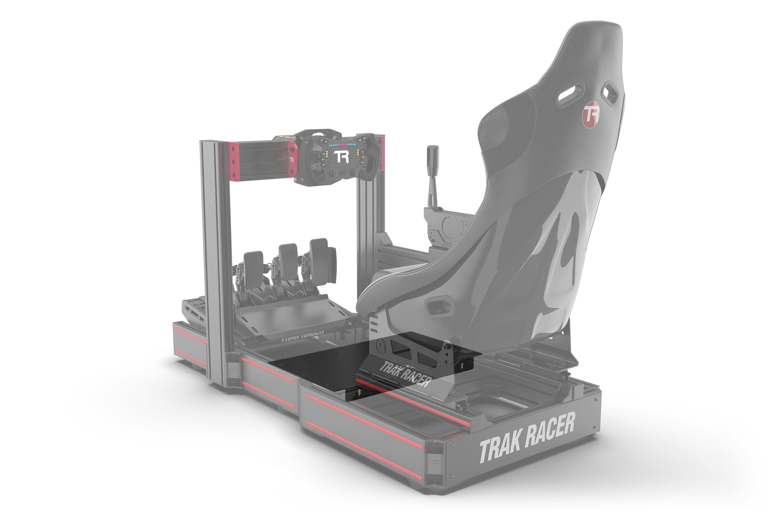Trak Racer Heavy-Duty Sim Floor - 3mm Diamond Plate, rear three-quarter view from the left, fitted to a Trak Racer cockpit