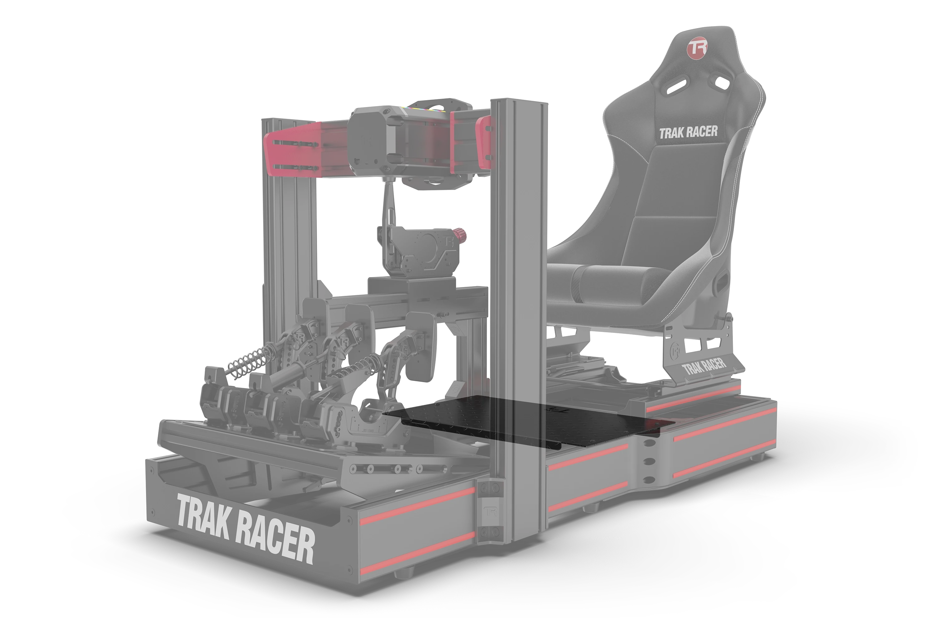 Trak Racer Heavy-Duty Sim Floor - 3mm Diamond Plate, front three-quarter view from the left, fitted to a Trak Racer cockpit