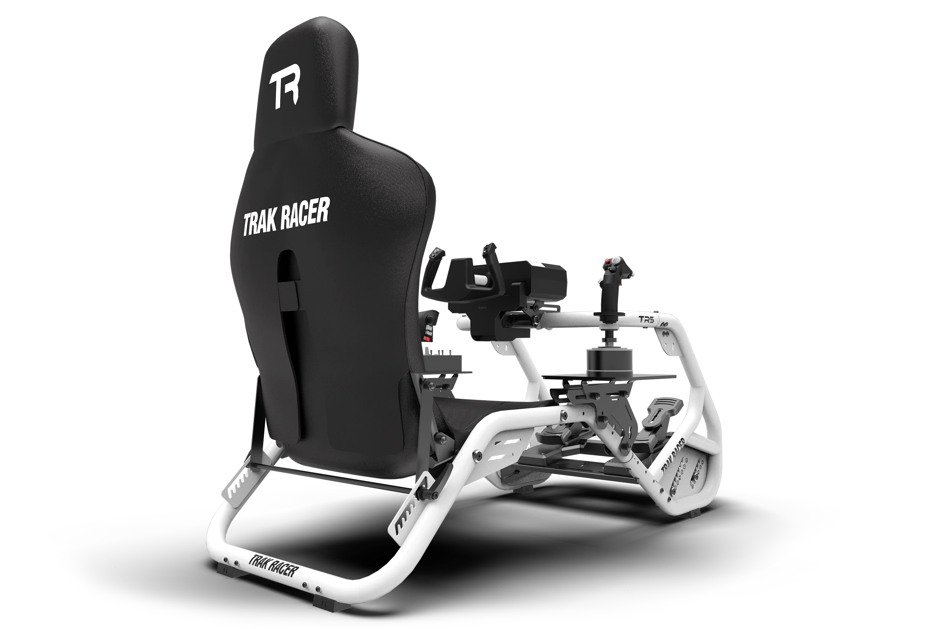Trak Racer Left/Right HOTAS Flight Sim Mounts for TR5, rear three-quarter view from the right, fitted to a Trak Racer cockpit