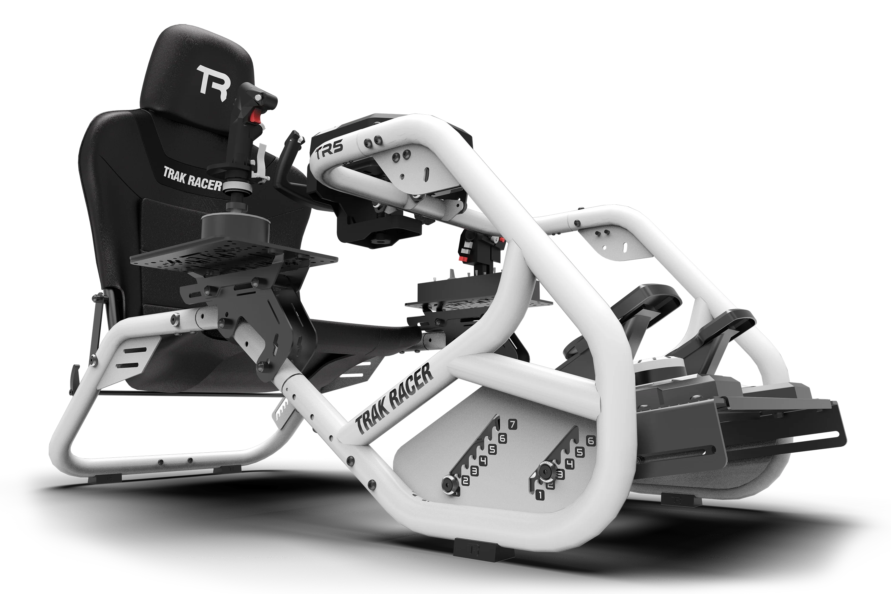 Trak Racer Left/Right HOTAS Flight Sim Mounts for TR5, hero product view, fitted to a Trak Racer cockpit