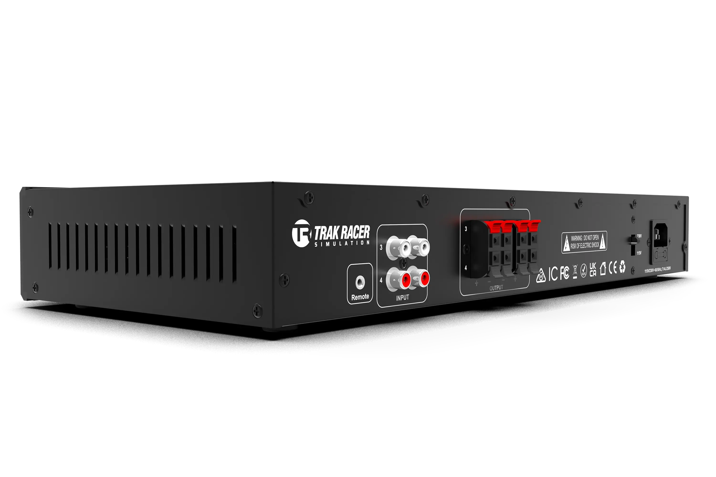 Trak Racer 4CH 40W Amplifier with 2 Bass Shakers & Mounts, rear three-quarter view, fitted to a Trak Racer cockpit