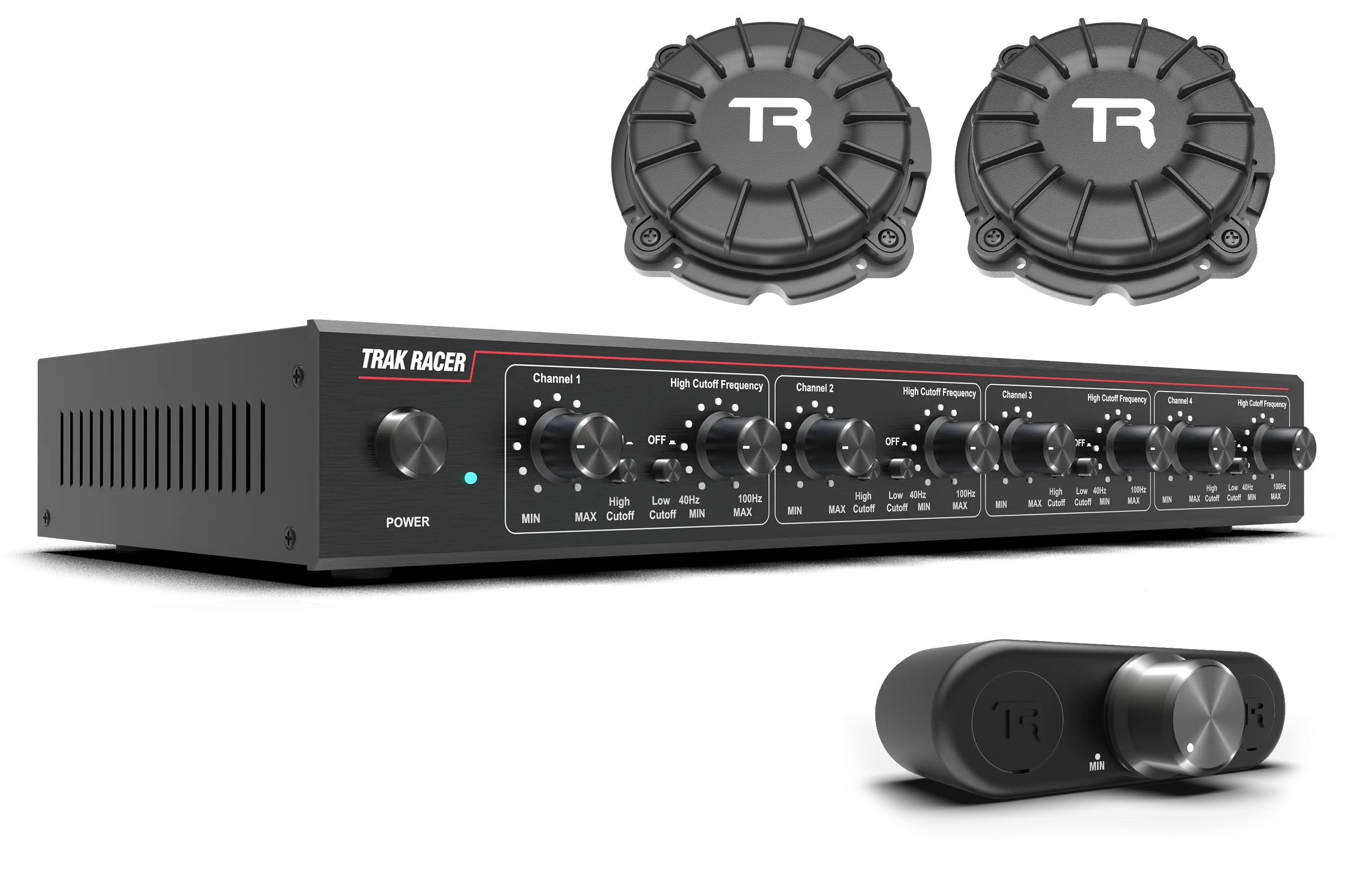 Trak Racer 4CH 40W Amplifier with 2 Bass Shakers & Mounts, front three-quarter view, fitted to a Trak Racer cockpit