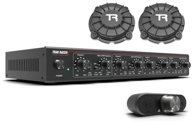 Trak Racer 4CH 40W Amplifier with 2 Bass Shakers & Mounts, racing simulator accessory, viewed from the front right
