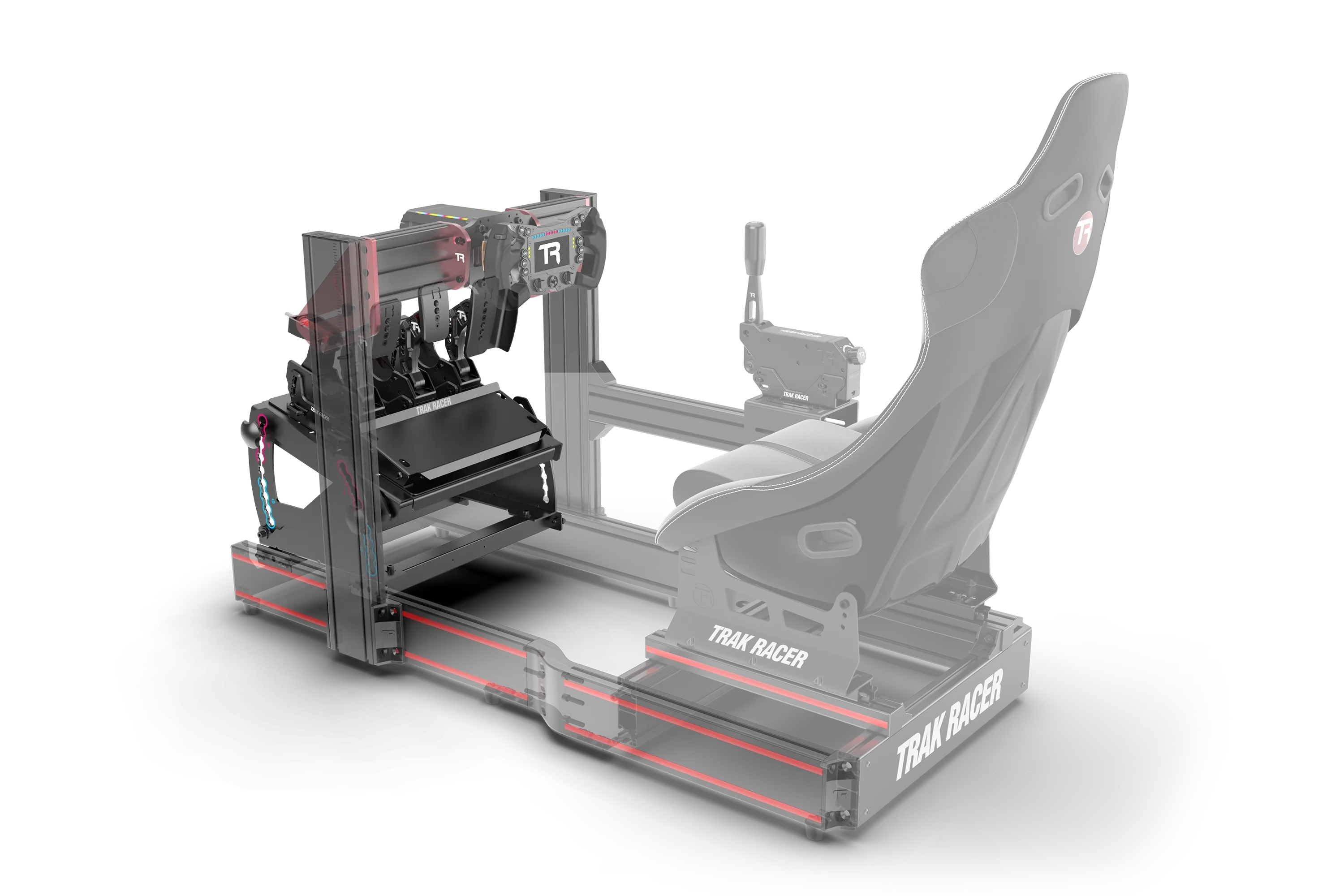 Trak Racer Tool-Free Formula & GT Hybrid Pedal Mount, rear three-quarter view, fitted to a Trak Racer cockpit 3