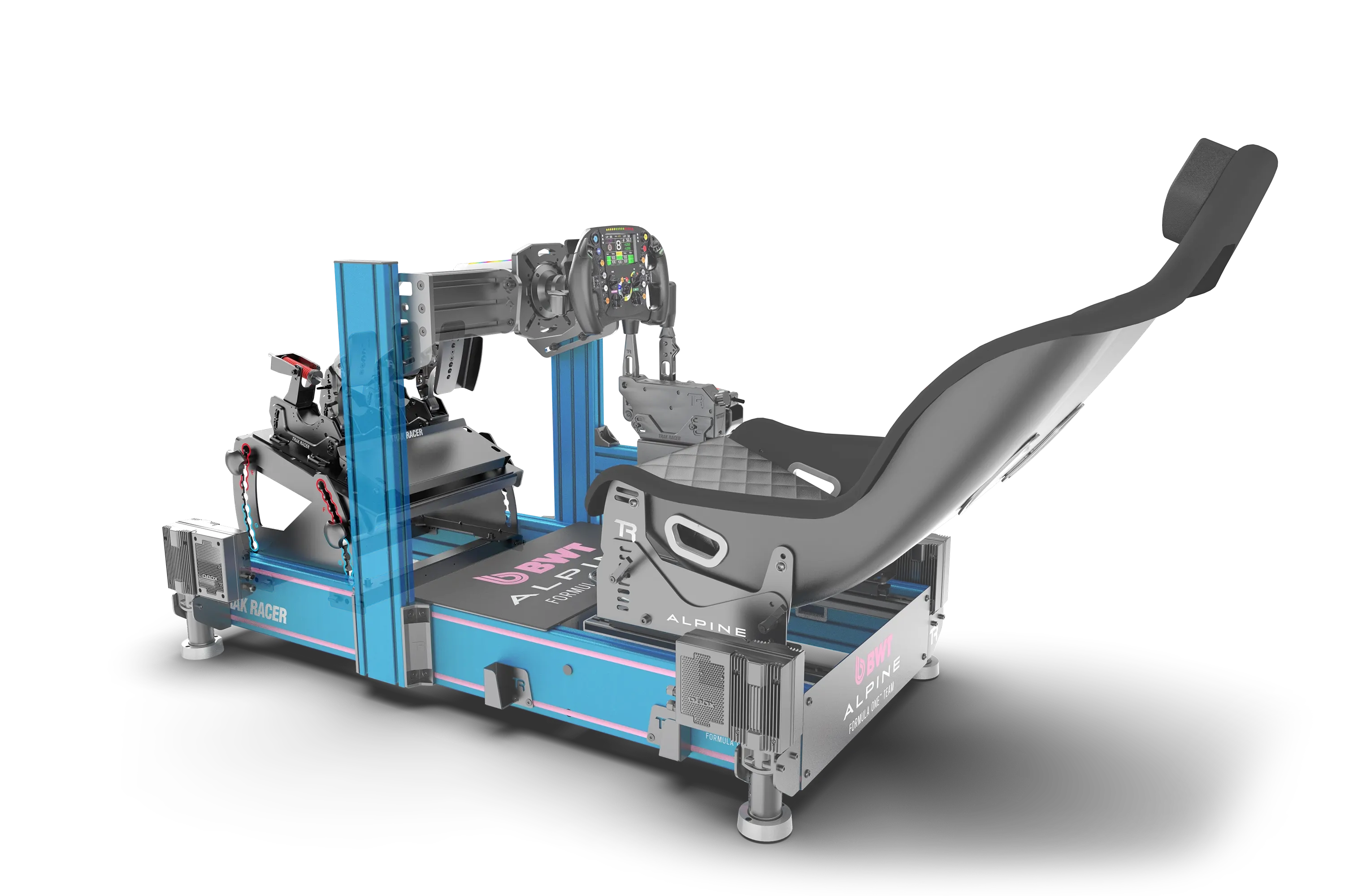 Trak Racer Tool-Free Formula & GT Hybrid Pedal Mount, rear three-quarter view from the right, fitted to a Trak Racer cockpit