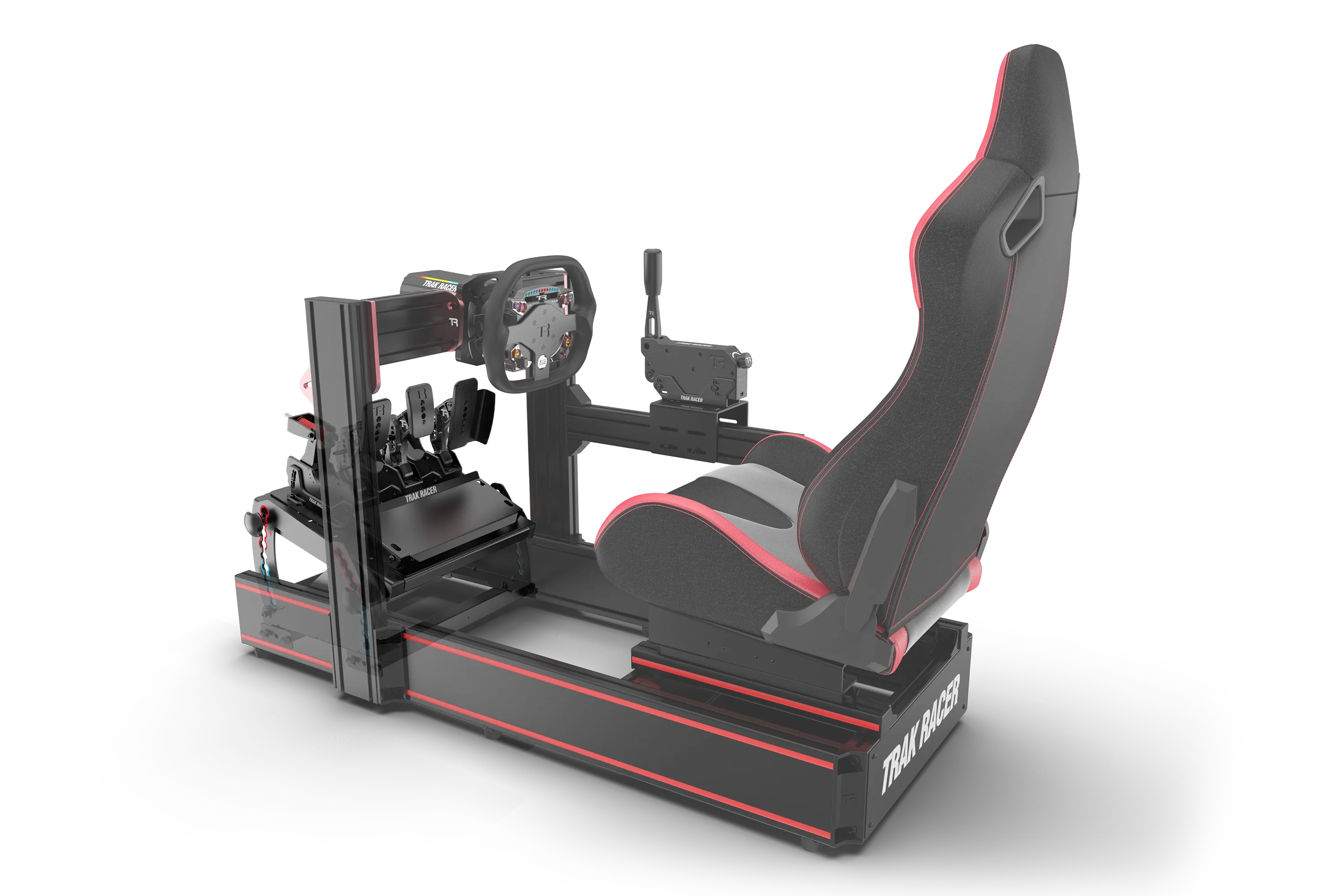 Trak Racer Tool-Free Formula & GT Hybrid Pedal Mount, rear three-quarter view, fitted to a Trak Racer cockpit 2