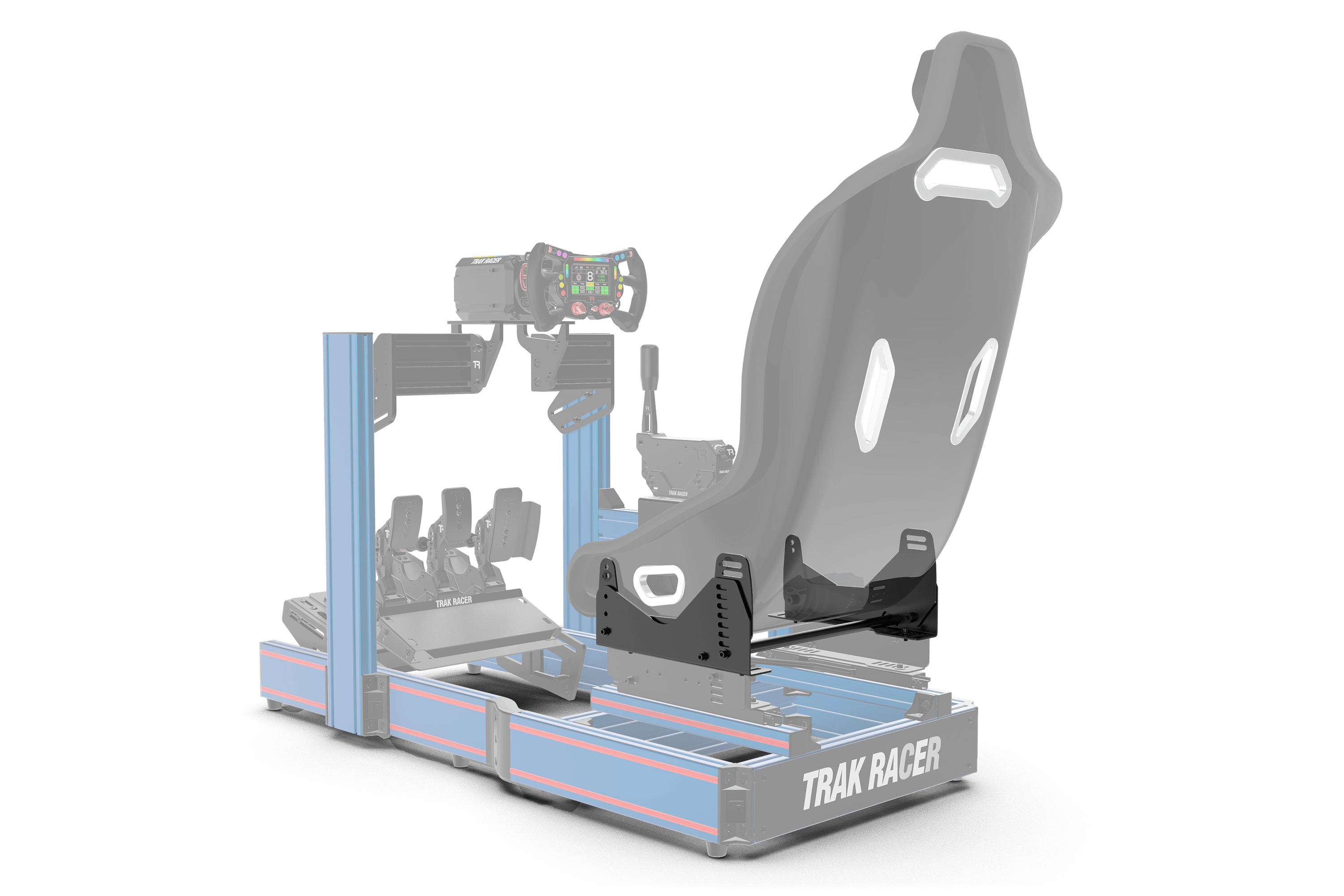 Trak Racer Adjustable Seat Brackets for Bucket Seats, sim racing seat mount, shown fitted to a simulator rig 2