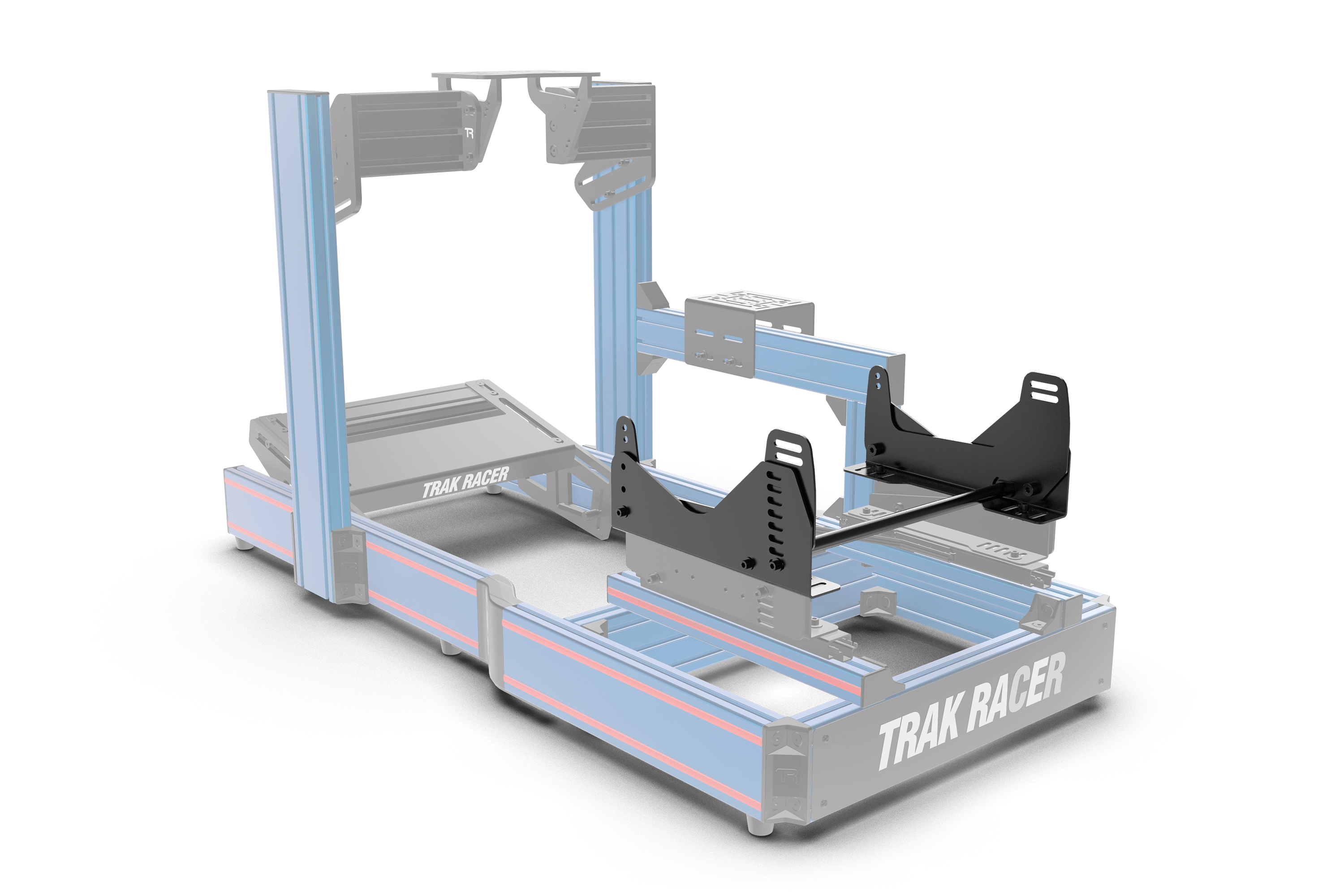 Trak Racer Adjustable Seat Brackets for Bucket Seats, sim racing seat mount, shown fitted to a simulator rig