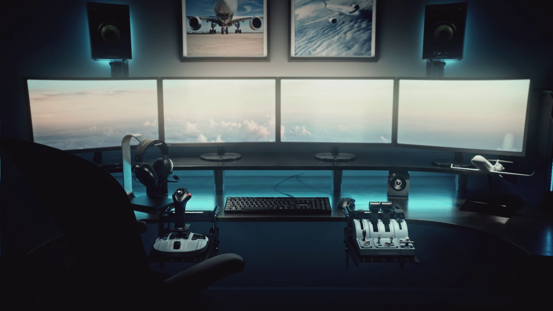 TCA sidestick and quadrant in a home cockpit with monitors