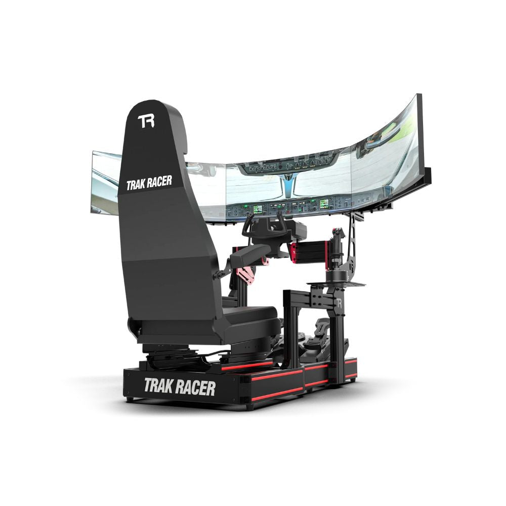 TR120S Flight Simulator with triple monitors and flight controls on a white background