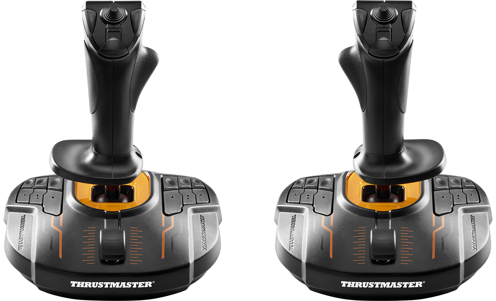 Two T.16000M FCS joysticks side by side from the front
