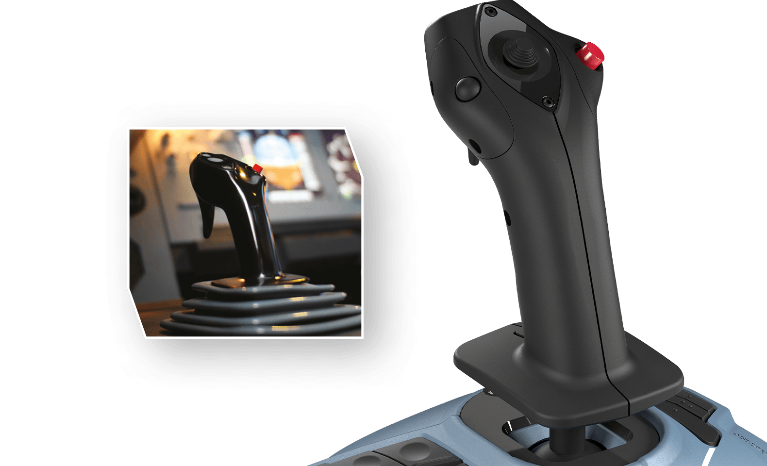 TCA Sidestick handle shown beside a real Airbus cockpit sidestick