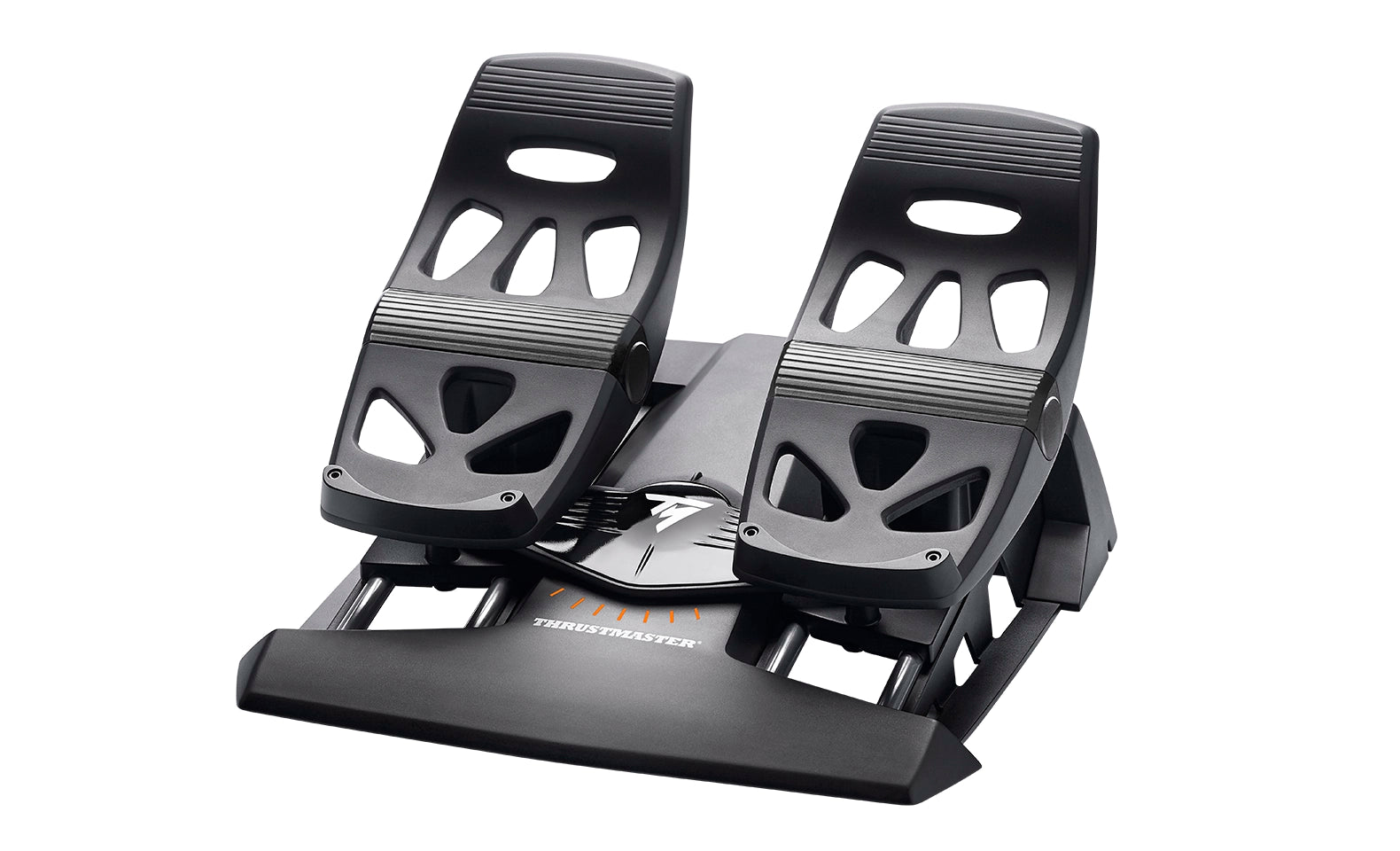 Thrustmaster TFRP rudder pedals at an angle showing the wide base