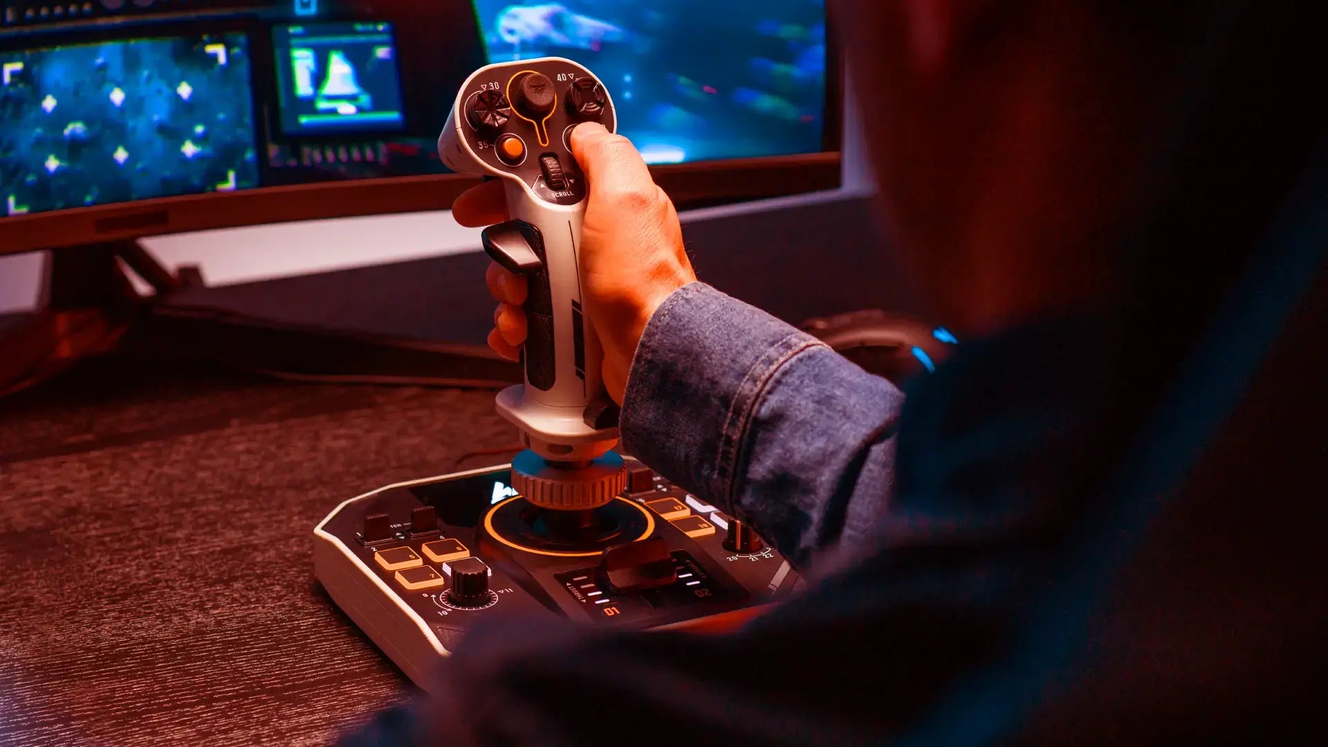 Pilot flying a space sim with the Sol-R 1 Flightstick
