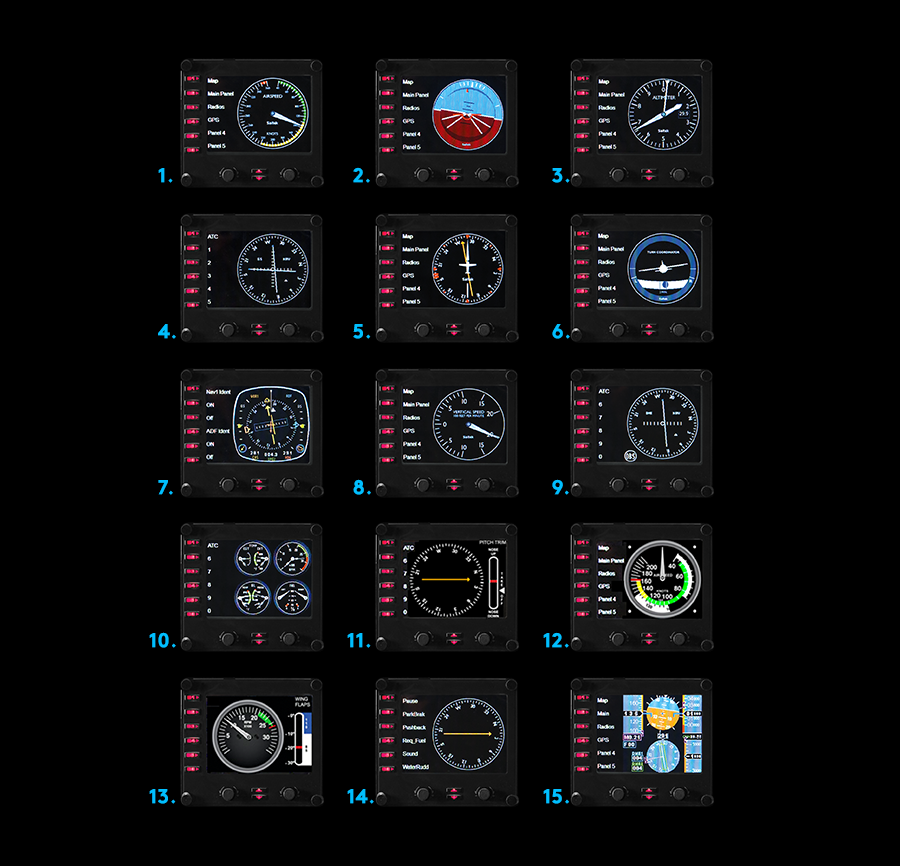 Logitech G PRO Flight Instrument Panel gauge options on black