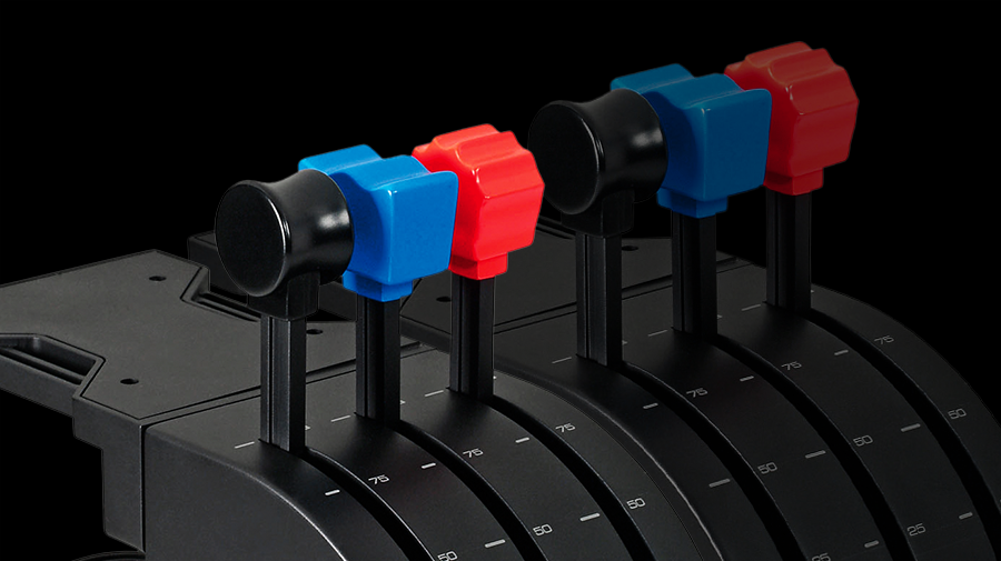 Logitech G PRO Flight Throttle Quadrant levers with coloured knobs