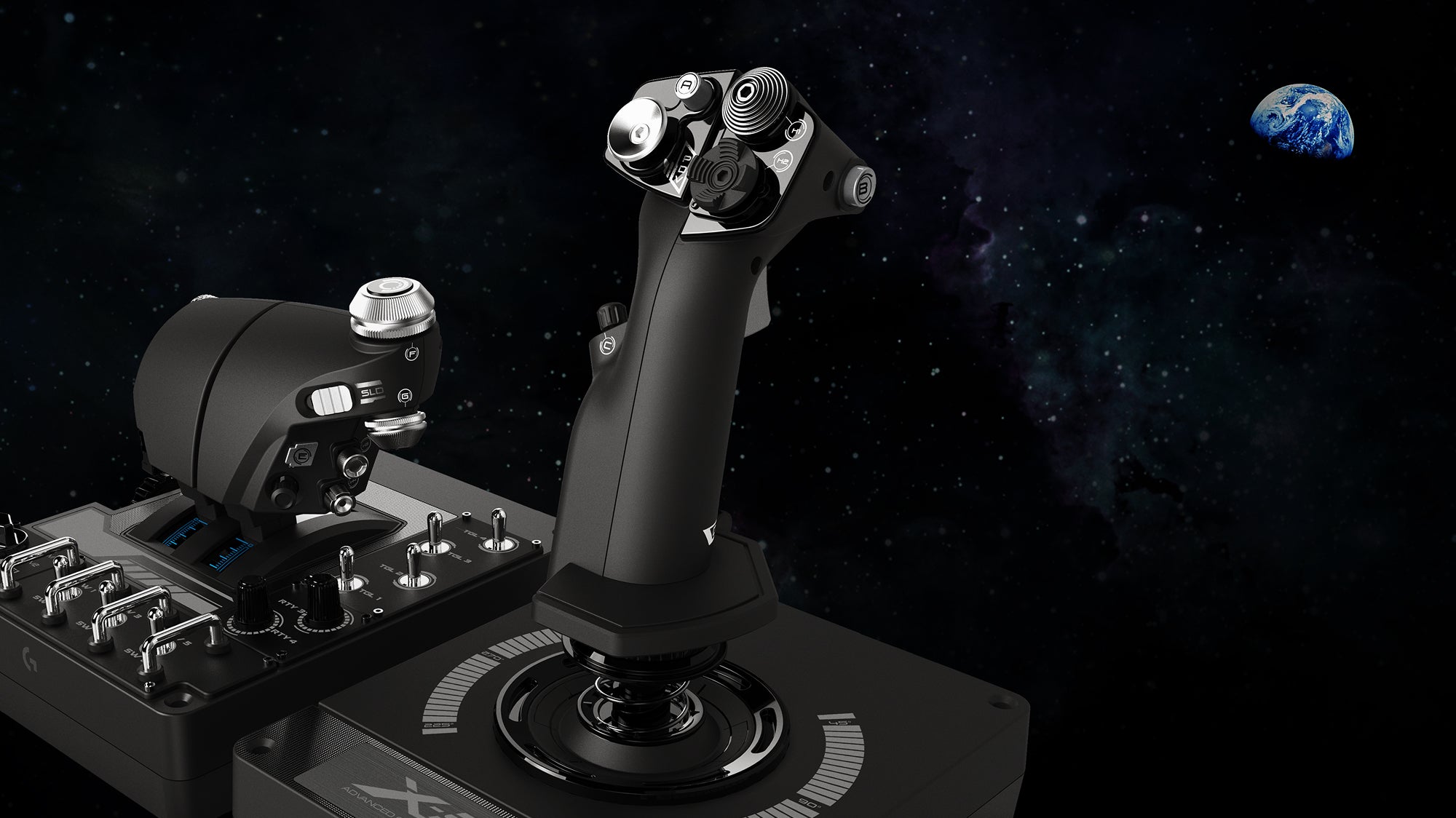 Logitech G X56 Rhino HOTAS with a space scene backdrop